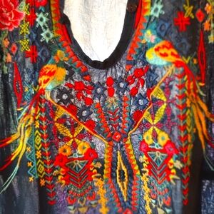 Johnny Was Rayon Cupra Black Blouse, Medium, Large Colorful Embroidery Flowy